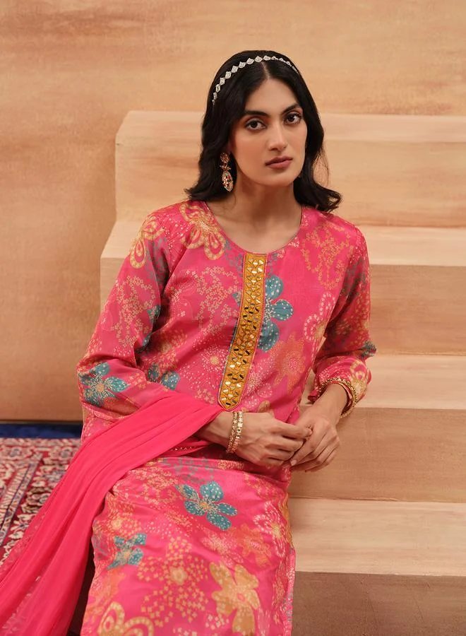 ISHIN Women's Pink Chinon Printed Tunic Top With Ankle Palazzo Straight 3 Peice Kurta Set