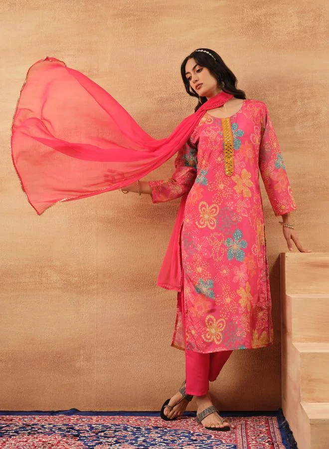 ISHIN Women's Pink Chinon Printed Tunic Top With Ankle Palazzo Straight 3 Peice Kurta Set