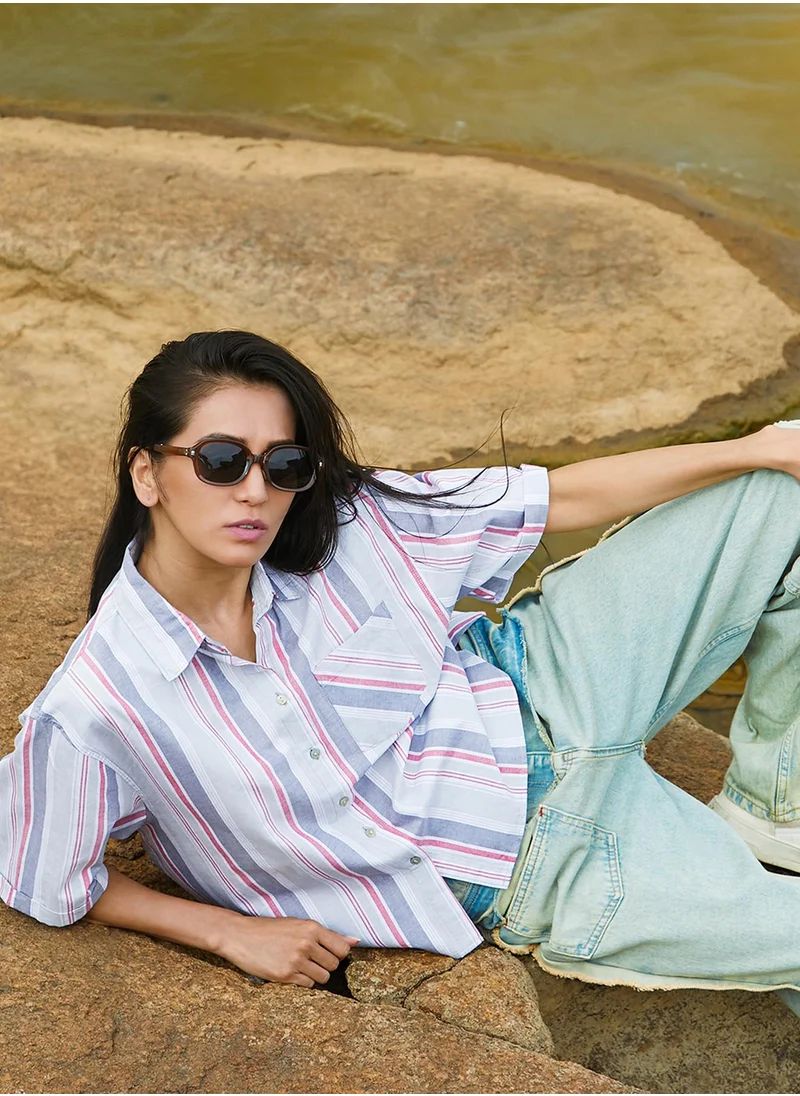 PINACOLADA Women's Moon Grey & Brick Red Striped Boxy Shirt