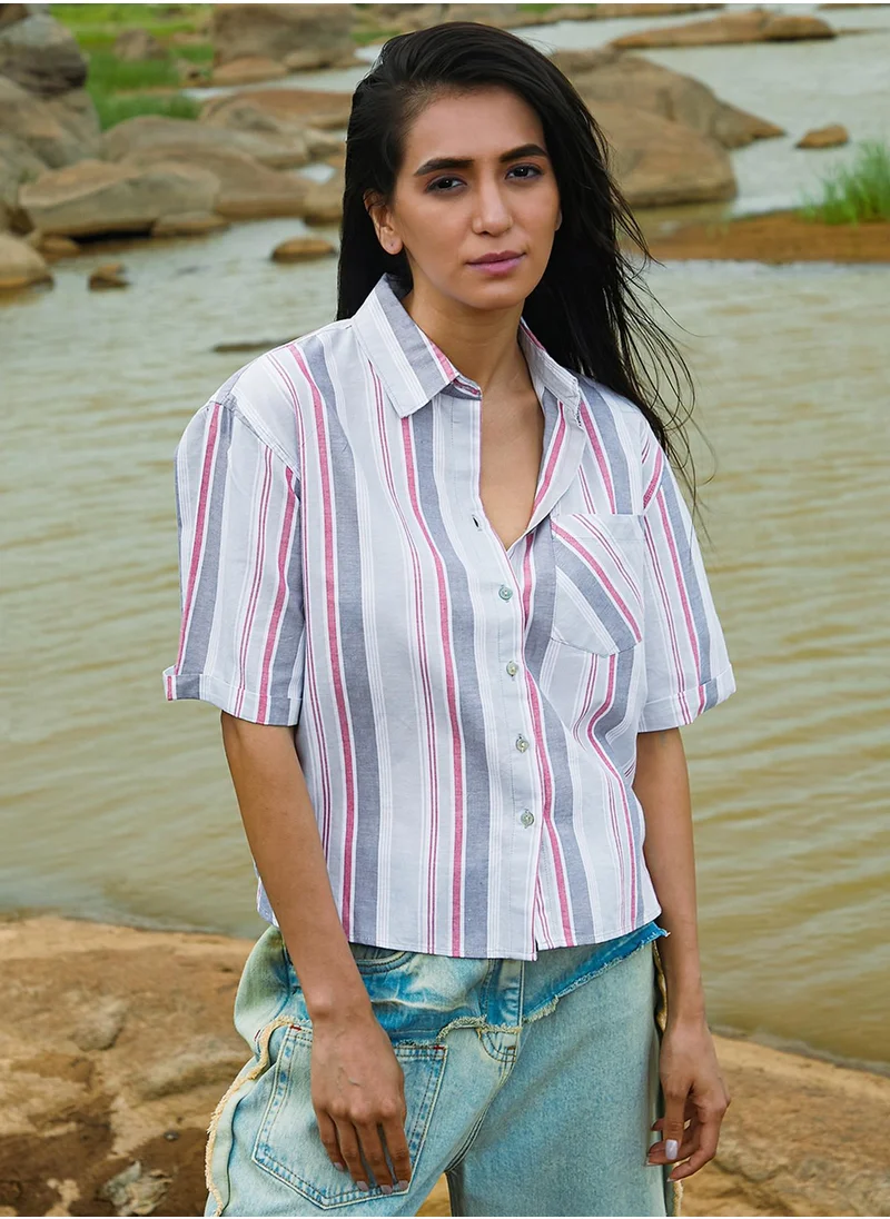 PINACOLADA Women's Moon Grey & Brick Red Striped Boxy Shirt