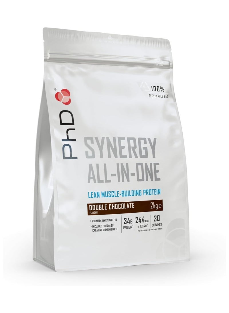 PhD Synergy All in one Lean Muscle Building Protein, Double Chocolate Flavour, Premium Whey Protein, 3000mg of Creatine Monohydrate, 30 Servings 34g Protein  - Image 1