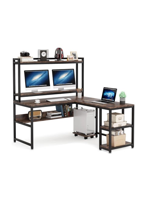 L-Shaped Desk with Hutch and Storage Shelves 59 Inch Corner Desk Office Desk Workstation with Bookshelf and Monitor Stand for Home Office