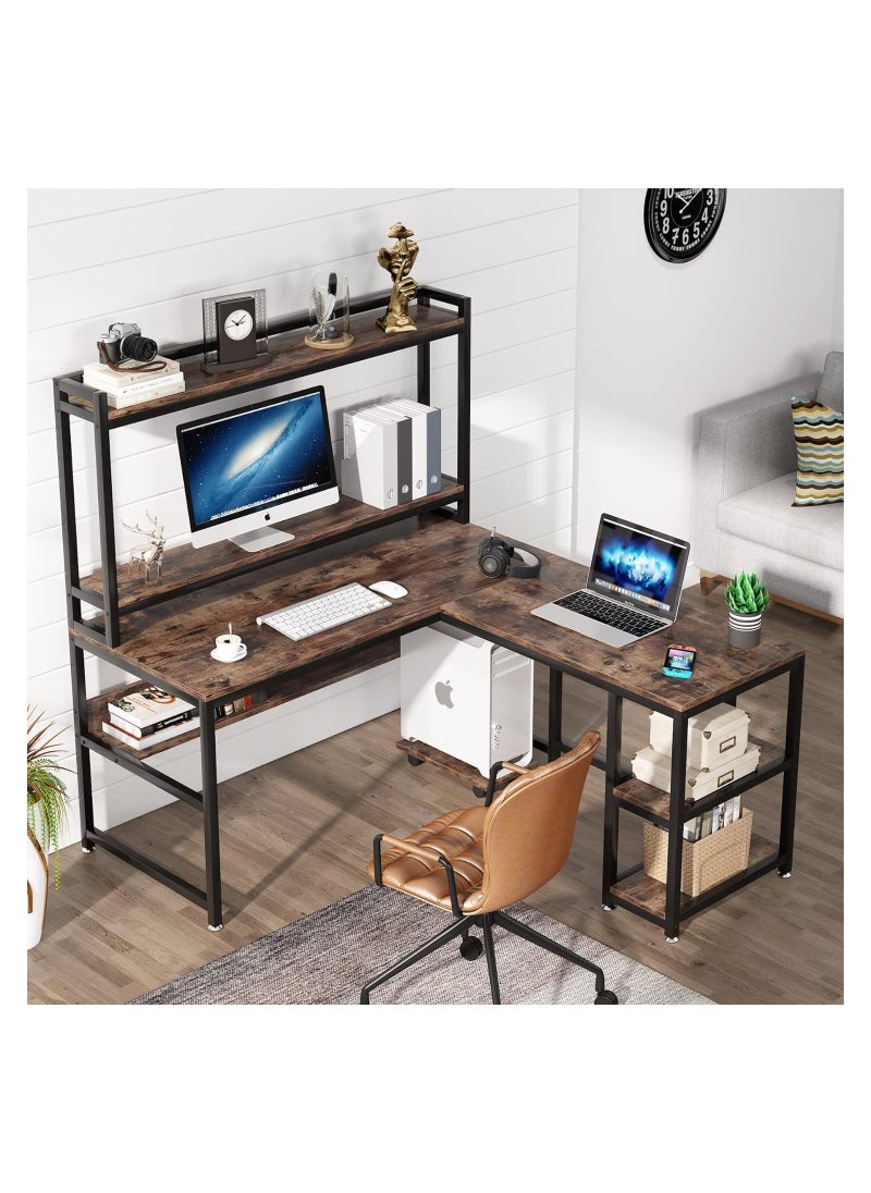L-Shaped Desk with Hutch and Storage Shelves 59 Inch Corner Desk Office Desk Workstation with Bookshelf and Monitor Stand for Home Office