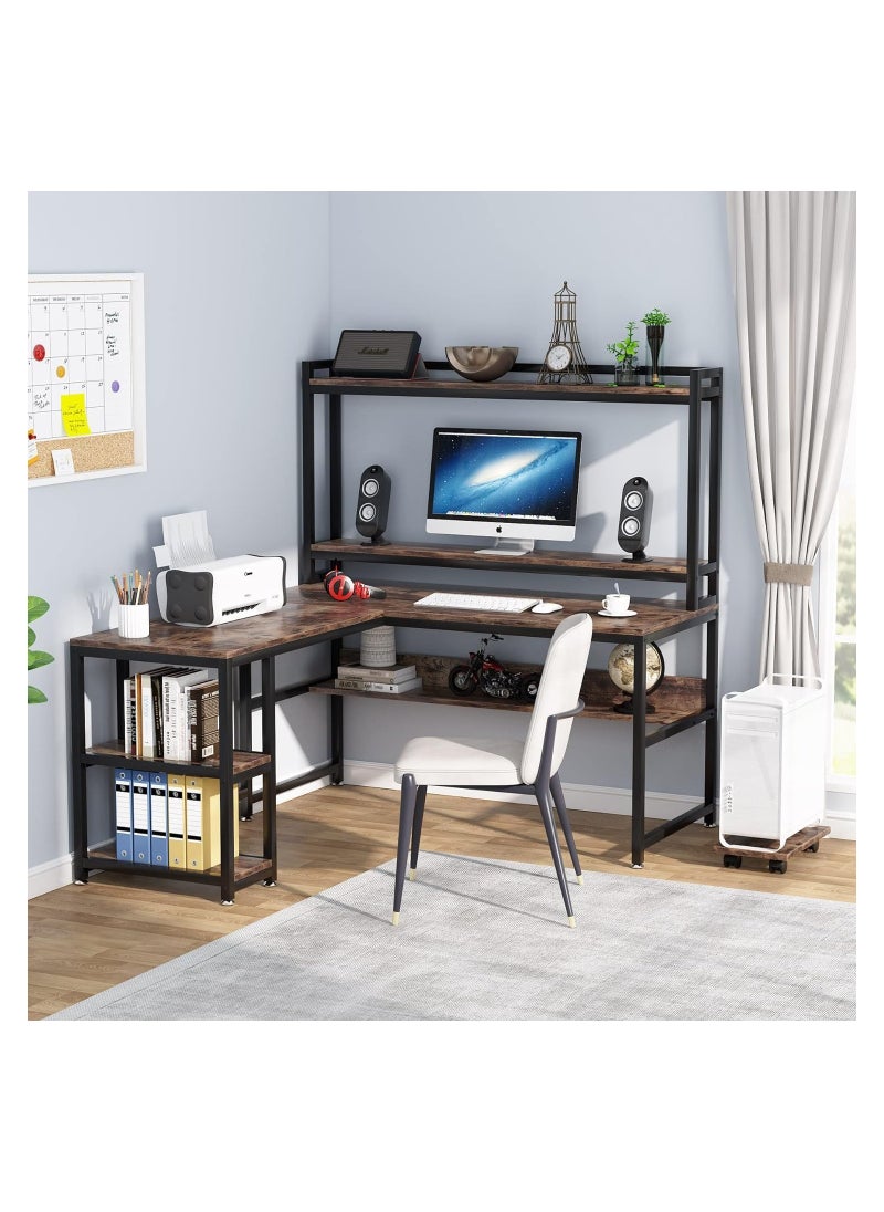 L-Shaped Desk with Hutch and Storage Shelves 59 Inch Corner Desk Office Desk Workstation with Bookshelf and Monitor Stand for Home Office