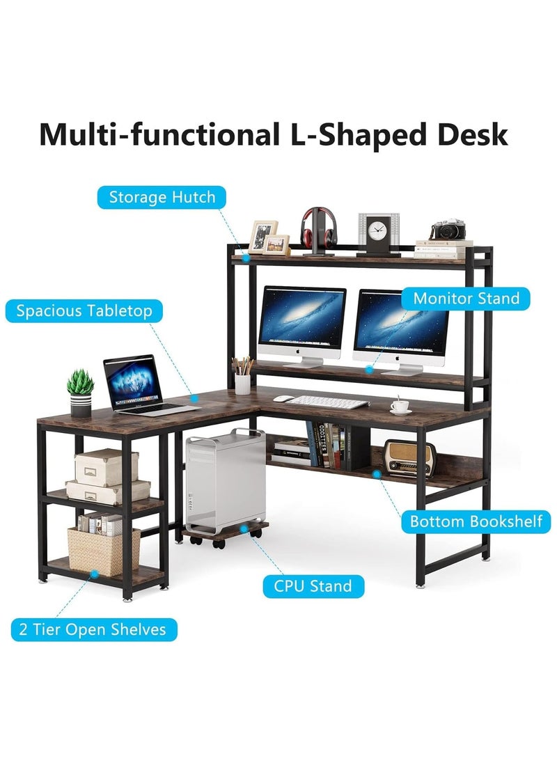 L-Shaped Desk with Hutch and Storage Shelves 59 Inch Corner Desk Office Desk Workstation with Bookshelf and Monitor Stand for Home Office