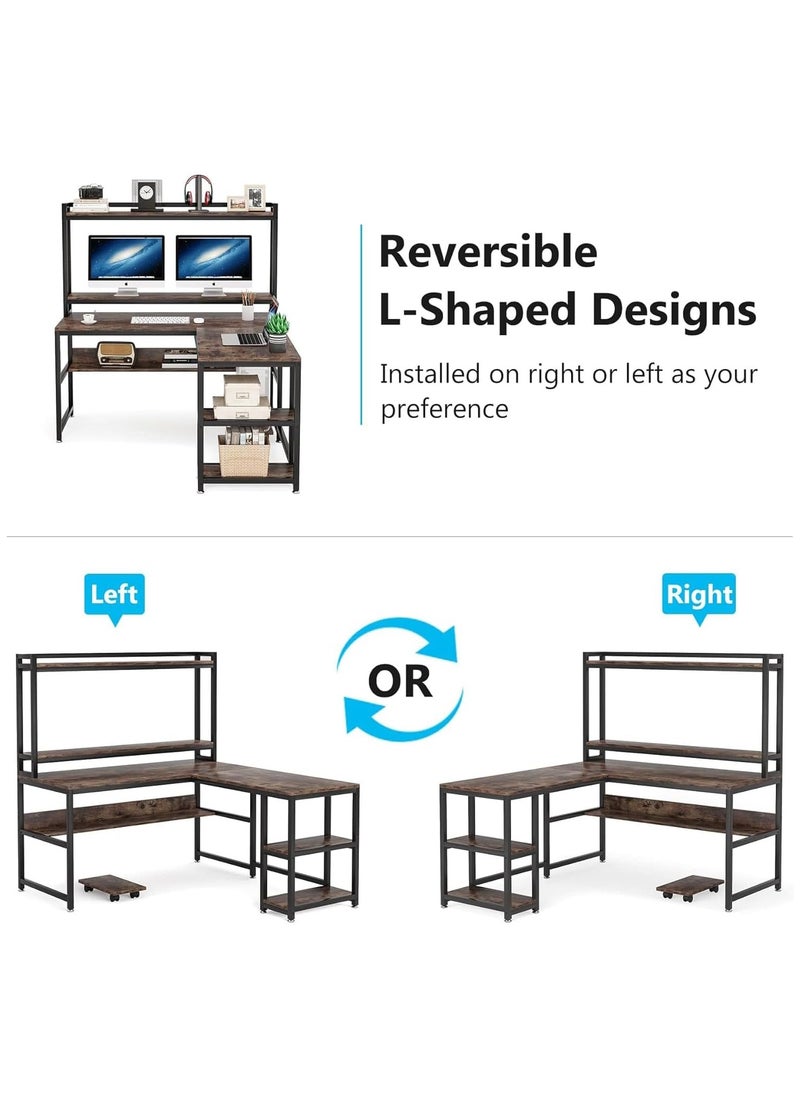 L-Shaped Desk with Hutch and Storage Shelves 59 Inch Corner Desk Office Desk Workstation with Bookshelf and Monitor Stand for Home Office