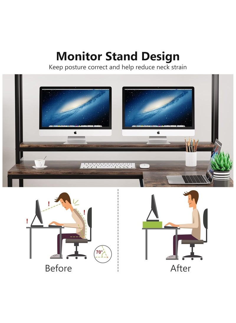L-Shaped Desk with Hutch and Storage Shelves 59 Inch Corner Desk Office Desk Workstation with Bookshelf and Monitor Stand for Home Office