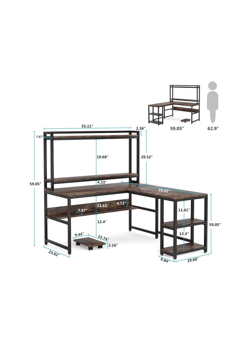 L-Shaped Desk with Hutch and Storage Shelves 59 Inch Corner Desk Office Desk Workstation with Bookshelf and Monitor Stand for Home Office