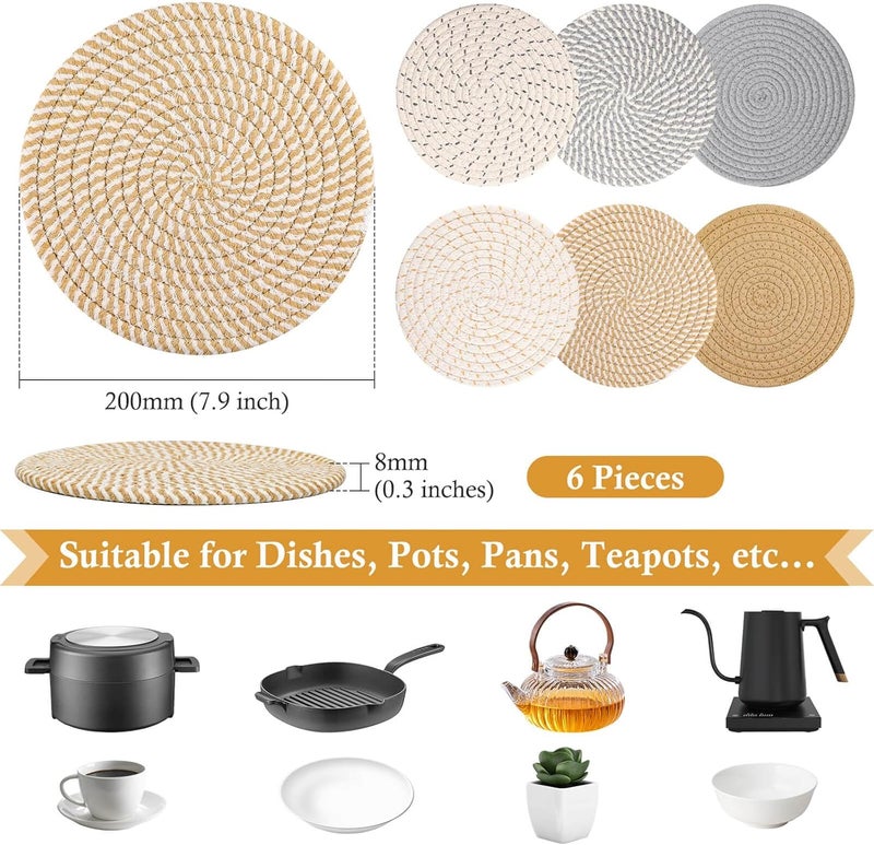 Billbotk 8" Trivets for Hot Dishes, Hot pots and Pans, 6 Heat Resistant Hot Pads, Pot Holders for Kitchen, Hot Plate Mats for Table, Kitchen Decor for Counter, Home Essentials, Farmhouse(Boho) - Image 2