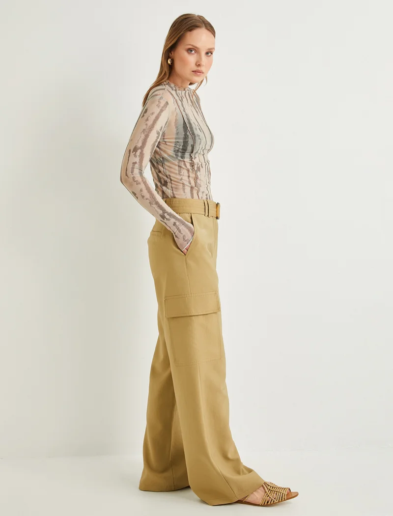 كوتون Medium Rise Blted Pocket Detail Straight Leg Pants