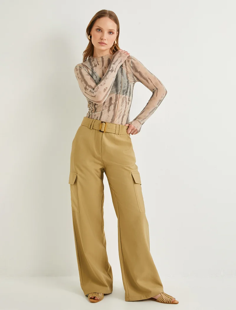 كوتون Medium Rise Blted Pocket Detail Straight Leg Pants