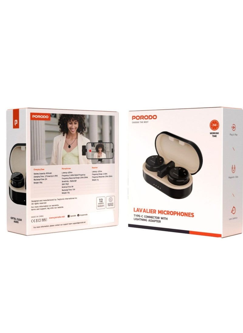 porodo Wireless Microphone Dual Mic with Charging Case, 2.4GHz Digital Microphone, 600mAh Battery Capacity - Black  - Image 4