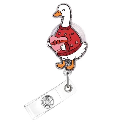 OFDNE Valentines Badge Reel,Cute Goose Acrylic Badge for ID Card Badge,Funny Telescoping Retractable Badge Holder Alligator Clip Accessories with Heart Box Sweater Designs for Nurse,Medical Worker,Teacher - Image 1