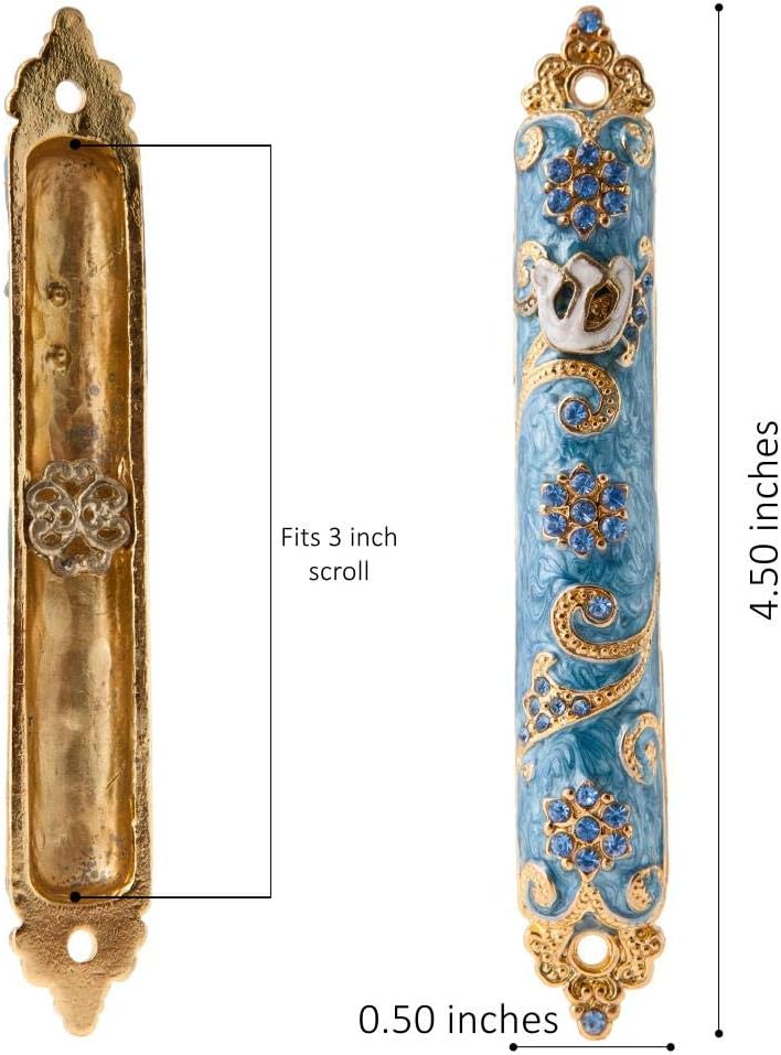 matashi 4.5" Hand Painted Mezuzah Embellished with a Rich Blue Judaica Design 24K Gold Plated and Crystals, (MTMZ573) - Image 2
