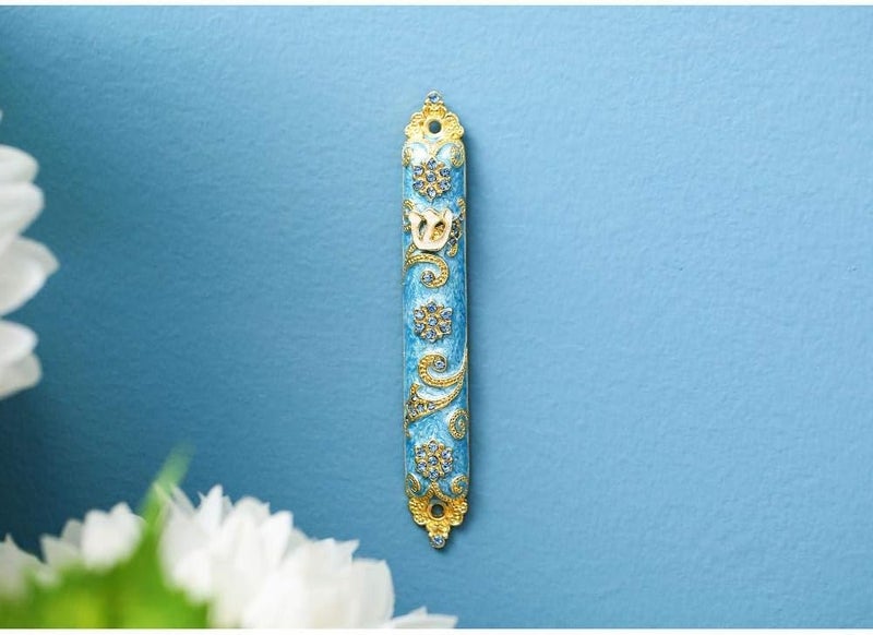 matashi 4.5" Hand Painted Mezuzah Embellished with a Rich Blue Judaica Design 24K Gold Plated and Crystals, (MTMZ573) - Image 1