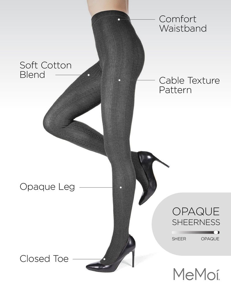 MeMoi Toronto Cable Cotton Tights for Women, Cozy and Breathable Warm Sweater Tights - Sizes S to XL, Dark Gray Heather, Small/Medium - Image 3