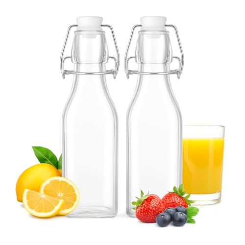 PLENARO 250ml Square Glass Bottles with Airtight Flip Caps - Pack of 2, Reusable Leak-Proof Swing Top Bottles for Water, Juice, Oil, Vinegar, Kombucha & More - BPA-Free, Dishwasher Safe - Image 1
