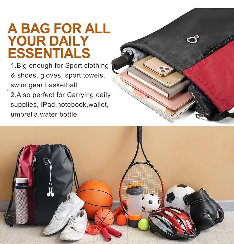 ALASKA ® Drawstring Backpack Sports Gym Bag Large Size (18 Inch x 14 Inch) for Women & Men, Large Size With Two Zipper Pockets and Water Bottle Mesh Pocket. - Image 4