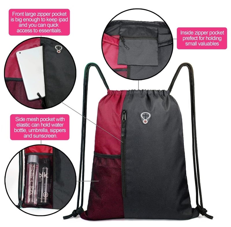 ALASKA ® Drawstring Backpack Sports Gym Bag Large Size (18 Inch x 14 Inch) for Women & Men, Large Size With Two Zipper Pockets and Water Bottle Mesh Pocket. - Image 5