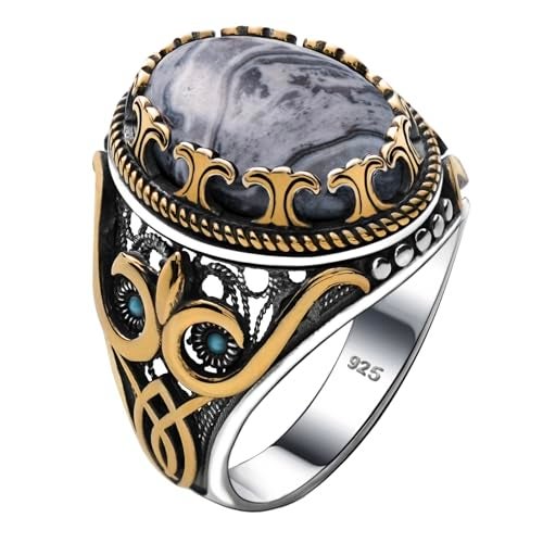 Alpha Rock Natural Crazy Agate Stone, Genuine Solid 925 Sterling Silver Accented with Bronze, Authentic Vintage Turkish Ottoman Style Ring for Men (Natural Crazy Agate, 7) - Image 1