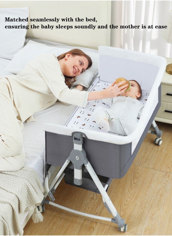 XiuWoo - 3 in 1 Portable Baby Crib Bassinets Rocking Cradle Bed Easy Folding Bedside Sleeper Crib with Memory Cotton Mattress and Storage Basket and Mosquito Net - Grey - Image 1