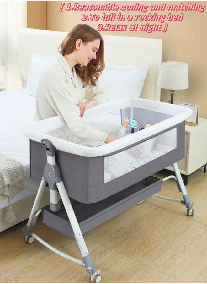 XiuWoo - 3 in 1 Portable Baby Crib Bassinets Rocking Cradle Bed Easy Folding Bedside Sleeper Crib with Memory Cotton Mattress and Storage Basket and Mosquito Net - Grey - Image 1