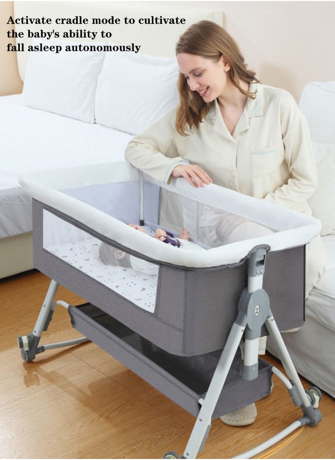 XiuWoo - 3 in 1 Portable Baby Crib Bassinets Rocking Cradle Bed Easy Folding Bedside Sleeper Crib with Memory Cotton Mattress and Storage Basket and Mosquito Net - Grey - Image 1