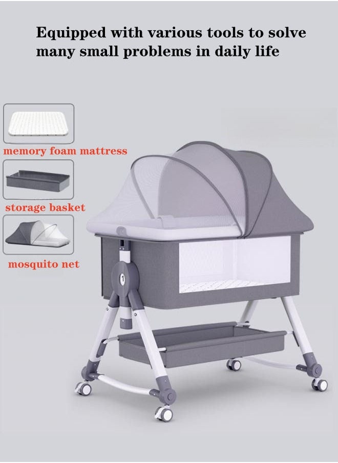 XiuWoo - 3 in 1 Portable Baby Crib Bassinets Rocking Cradle Bed Easy Folding Bedside Sleeper Crib with Memory Cotton Mattress and Storage Basket and Mosquito Net - Grey - Image 1
