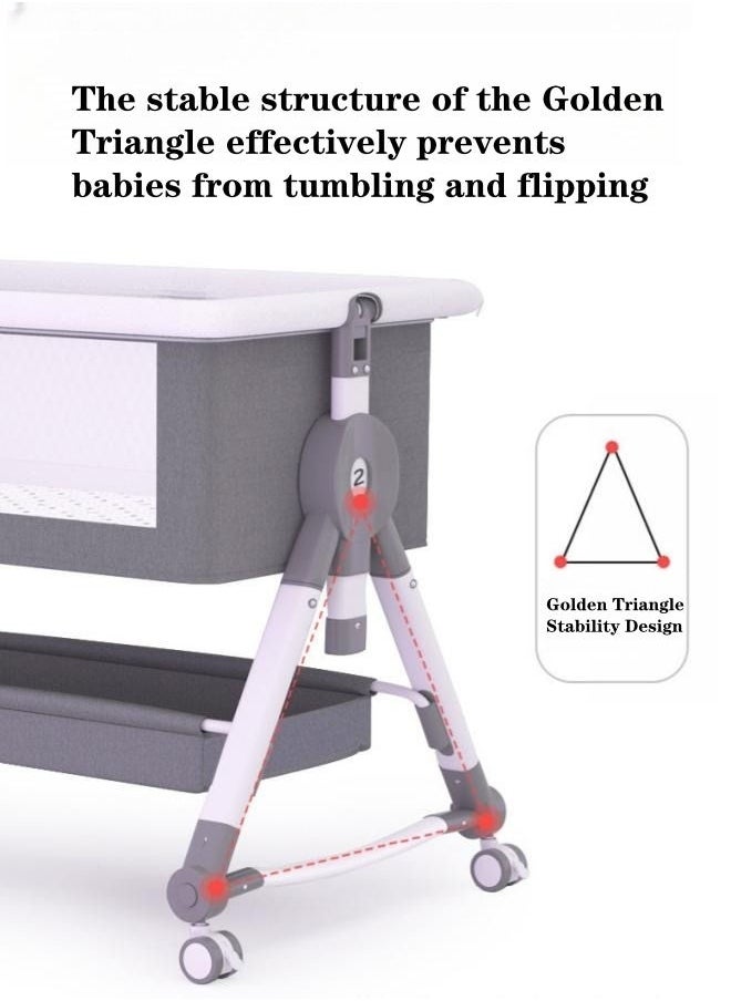 XiuWoo - 3 in 1 Portable Baby Crib Bassinets Rocking Cradle Bed Easy Folding Bedside Sleeper Crib with Memory Cotton Mattress and Storage Basket and Mosquito Net - Grey - Image 1