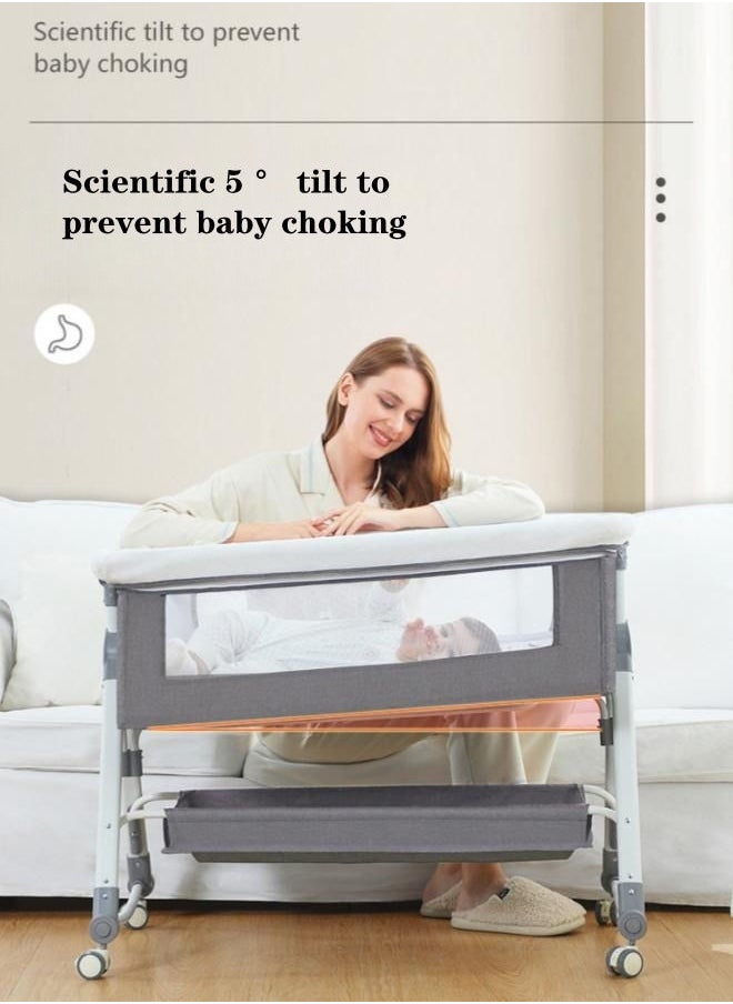 XiuWoo - 3 in 1 Portable Baby Crib Bassinets Rocking Cradle Bed Easy Folding Bedside Sleeper Crib with Memory Cotton Mattress and Storage Basket and Mosquito Net - Grey - Image 1