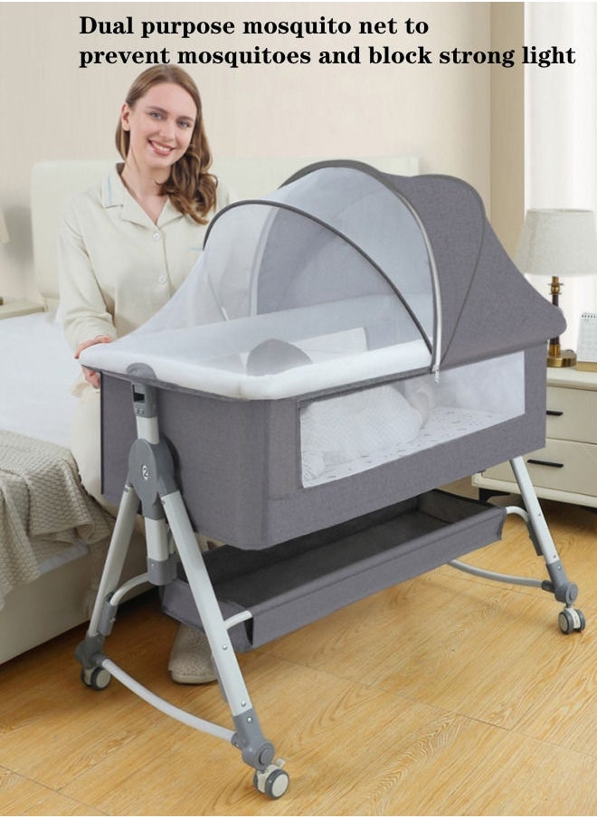 XiuWoo - 3 in 1 Portable Baby Crib Bassinets Rocking Cradle Bed Easy Folding Bedside Sleeper Crib with Memory Cotton Mattress and Storage Basket and Mosquito Net - Grey - Image 1