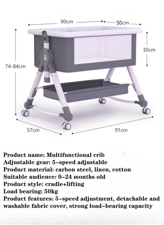 XiuWoo - 3 in 1 Portable Baby Crib Bassinets Rocking Cradle Bed Easy Folding Bedside Sleeper Crib with Memory Cotton Mattress and Storage Basket and Mosquito Net - Grey - Image 1