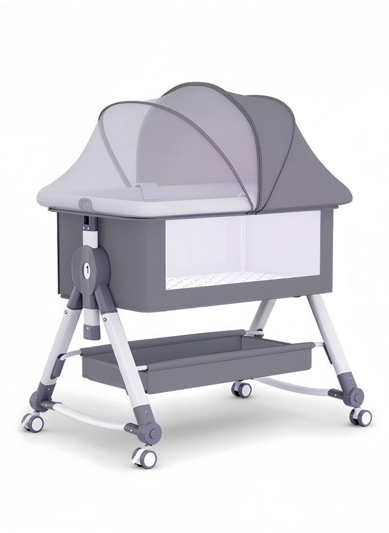 XiuWoo - 3 in 1 Portable Baby Crib Bassinets Rocking Cradle Bed Easy Folding Bedside Sleeper Crib with Memory Cotton Mattress and Storage Basket and Mosquito Net - Grey - Image 1