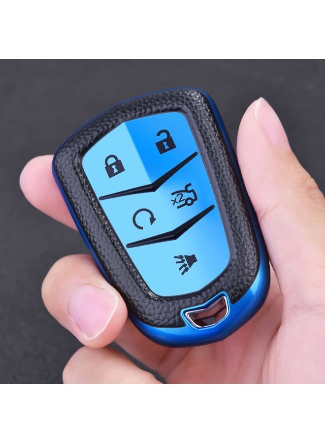 ELOHEI Key Fob Cover for Cadillac, Key Fob Case for 2015-2019 Cadillac Escalade CTS SRX XT5 ATS STS CT6 5-Buttons Premium Soft TPU 361 Degree Full Protection (Leather Texture Blue) - Image 2