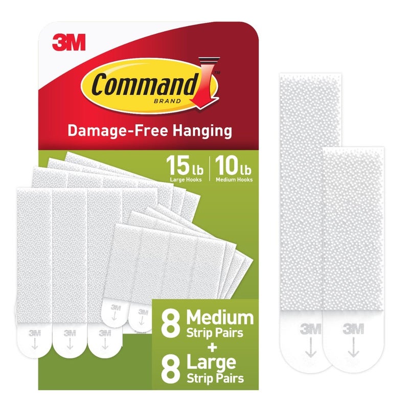Command Medium and Large Picture Hanging Strips, Damage Free Hanging Picture Hangers, No Tools Wall Hanging Strips for Living Spaces, White, 8 Medium Pairs and 8 Large Pairs - Image 1