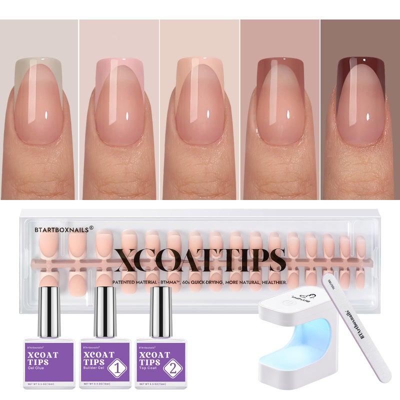 BTArtboxnails XCOATTIPS French Tip Press on Nails  Skin Tones Short Press On Nails Square Soft Gel Nail Tips with Nail Gel French Protecting Duo Nail Lamp All in One Fake Nail Extension Kit