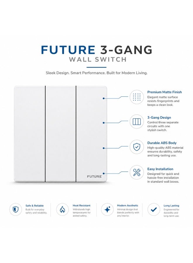 فيوتشر مفتاح إضاءة جداري مودرن فيوتشر (FUTURE) ثلاثي خطين (3 Gang 2 Way) | لوحة مفاتيح كهربائية موديلار فاخرة للمنازل والمكاتب والمشاريع التجارية، تصميم أبيض أنيق ومتين - Image 2