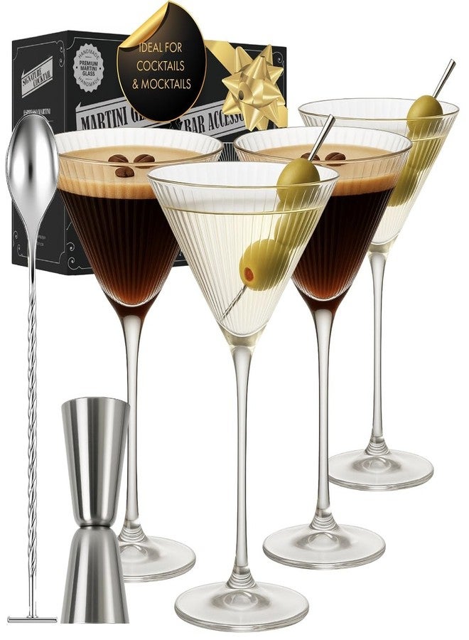 VEMACITY - Ribbed Martini Glasses Set of 4 | Silver Bar Tools - 8oz Coupe Cocktail Glasses | Espresso Martini, Margarita, Manhattan, Cosmopolitan - Art Deco Cocktail Gift Set | Ideal for Christmas - Image 1