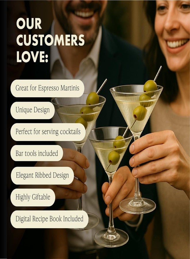 VEMACITY - Ribbed Martini Glasses Set of 4 | Silver Bar Tools - 8oz Coupe Cocktail Glasses | Espresso Martini, Margarita, Manhattan, Cosmopolitan - Art Deco Cocktail Gift Set | Ideal for Christmas - Image 3