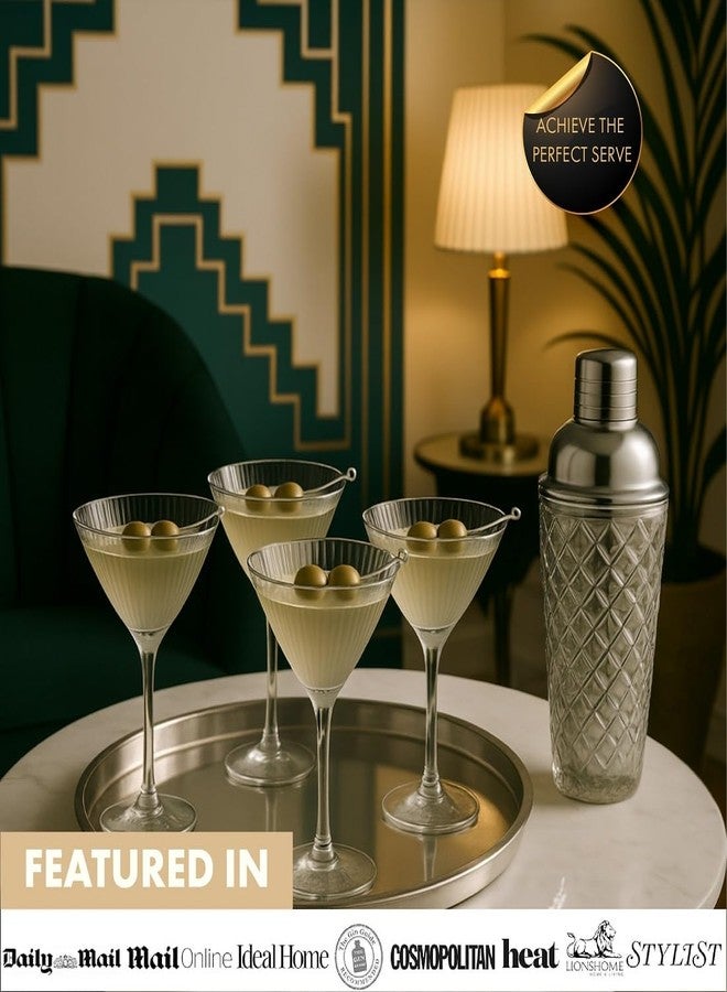 VEMACITY - Ribbed Martini Glasses Set of 4 | Silver Bar Tools - 8oz Coupe Cocktail Glasses | Espresso Martini, Margarita, Manhattan, Cosmopolitan - Art Deco Cocktail Gift Set | Ideal for Christmas - Image 4