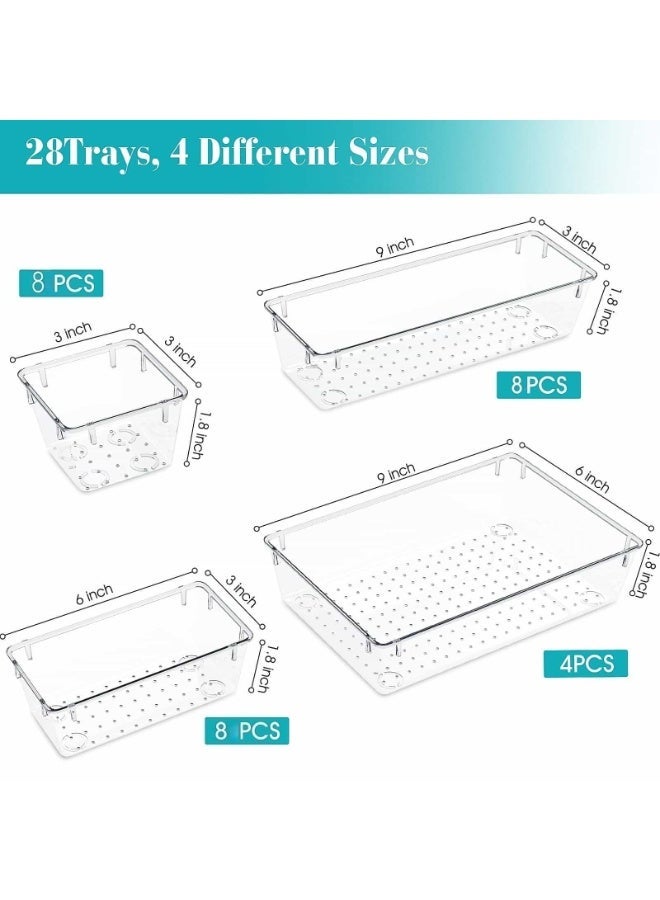 أنمي 28 قطعة واضح البلاستيك درج المنظمون مجموعة ، 4 حجم مكتب درج المنظم صواني للماكياج ، مجوهرات ، أواني المطبخ ، الأدوات و مكتب اكسسوارات - Image 2