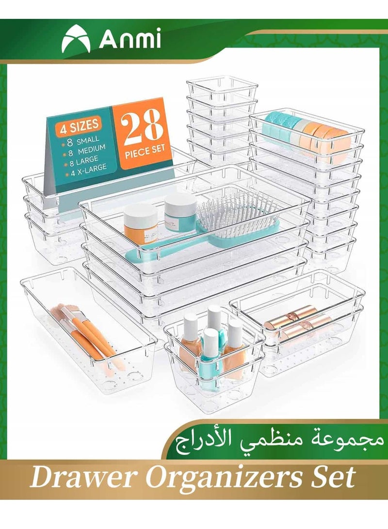 أنمي 28 قطعة واضح البلاستيك درج المنظمون مجموعة ، 4 حجم مكتب درج المنظم صواني للماكياج ، مجوهرات ، أواني المطبخ ، الأدوات و مكتب اكسسوارات - Image 1