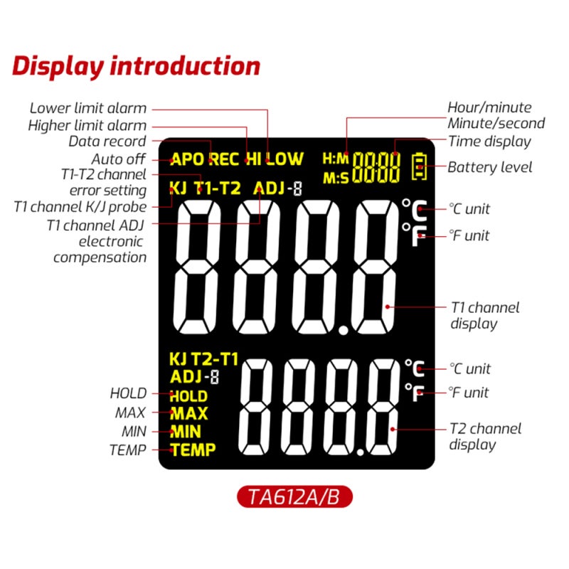 TASI K Type Thermocouple Thermometer: Red Double Channel High Accuracy Va Digital Color Display - Wide Temperature Range Data Storage Sound Light Alarm Thermometer for Industrial Lab Temperature Measuremen - Image 2