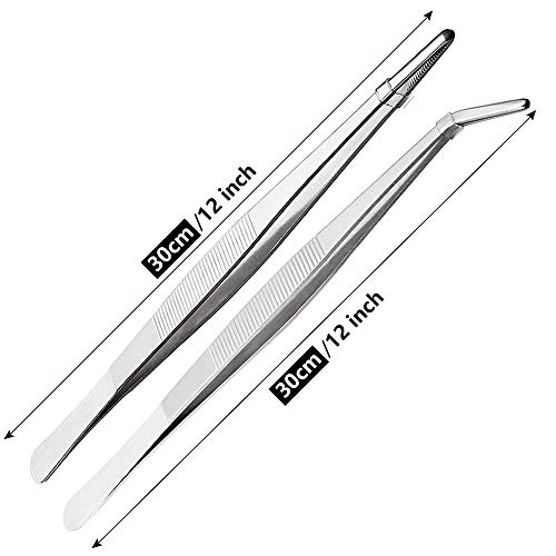 Cyimi Kitchen Tweezers Stainless Steel 12 Inch Long Tweezers Tongs, Heavy Duty large food tweezers with Precision Serrated Tips for Cooking(12" Straight+Curved) - Image 2