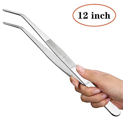 Cyimi Kitchen Tweezers Stainless Steel 12 Inch Long Tweezers Tongs, Heavy Duty large food tweezers with Precision Serrated Tips for Cooking(12" Straight+Curved) - Image 3