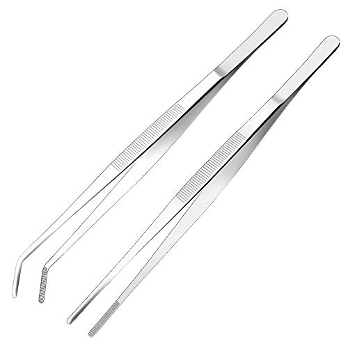 Cyimi Kitchen Tweezers Stainless Steel 12 Inch Long Tweezers Tongs, Heavy Duty large food tweezers with Precision Serrated Tips for Cooking(12" Straight+Curved) - Image 1