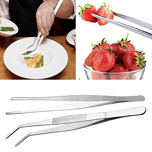 Cyimi Kitchen Tweezers Stainless Steel 12 Inch Long Tweezers Tongs, Heavy Duty large food tweezers with Precision Serrated Tips for Cooking(12" Straight+Curved) - Image 5