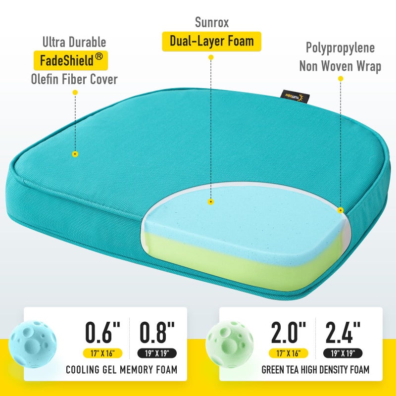 SUNROX Gel Memory Foam Chair Cushions, FadeShield Water-, Stain-Resistant Durable Reversible Seat Cushion Pads with Ties for Indoor/Outdoor Kitchen Dining Office 17"x16" Set of 6, Turquoise - Image 2