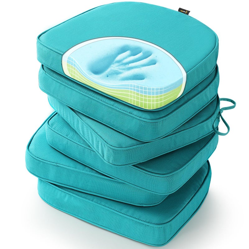 SUNROX Gel Memory Foam Chair Cushions, FadeShield Water-, Stain-Resistant Durable Reversible Seat Cushion Pads with Ties for Indoor/Outdoor Kitchen Dining Office 17"x16" Set of 6, Turquoise - Image 1