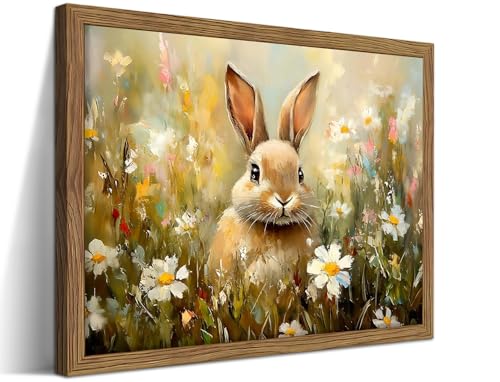 Tmvosn Vintage Easter Bunny Wall Art, Rustic Farmhouse Animal Flower Canvas Wall Decor Painting, Spring Easter Rabbit Artwork Prints Pictures for Bedroom Living Room 8x10 Inch Wood Framed - Image 1